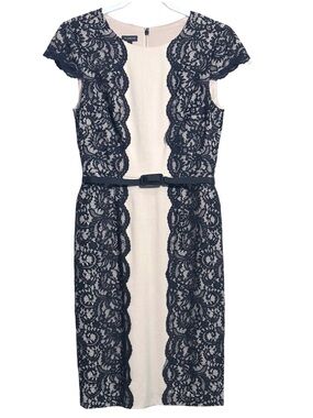 Talbots Black Lace Nude Contrast Belted Sheath‎ Cocktail Dress Size 4